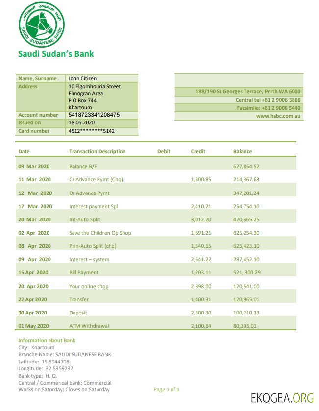 Soudan Modèle de relevé de preuve d'adresse de la Banque saoudienne soudanaise au format Word et PDF